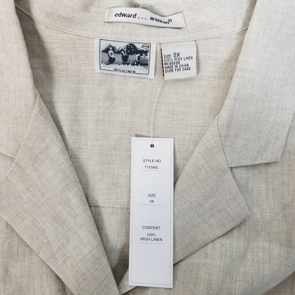 Edward Woman Irish Linen Button Down Short Sleeve Shirt Beige 3X - Picture 3 of 7